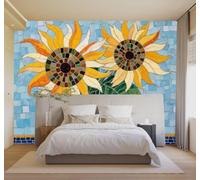 YueMingDi Papier Peint 3D Abstrait Vase Bleu Mosaïque Tournesols Carreaux | Fresques Murales et Créatives Décoration D'intérieur Pour le Bureau Salon la Chambre Coucher Canapé Mural de Luxe-300cm×210cm