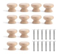 Yuiturt Lot de 12 boutons d'armoire en bois massif naturel avec vis 35 mm x 25 mm, mini boutons de tiroir ronds en forme de champignon, boutons de tiroir en bois massif naturel pour armoires, armoires