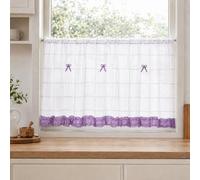 Yujiao Mao Rideau Cuisine Brise-Bise Violet, 1 Panneau, LxH 90x45 cm | Voilage semi-transparent à passe-tringle, embrasse incluse, motif carreaux et petits nœuds pour cuisine et petite fenêtre