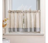 Yujiao Mao Rideau de Cuisine Court, Rideaux Brise Bise Petit Rideau Effet Lin Semi-Transparent, Petite Fenetre, Bas à Carreaux, Passe-Tringle, Gris, L x H 90 x 90 cm, Lot de 2