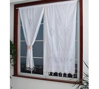 Yulakes Rideau brise-bise en lin et coton brodé - Blanc - Pour cuisine et salle à manger - Avec crochet et pompon - 70 x 150 cm - 1 pièce