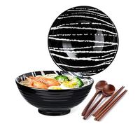 YUN TAO Ensemble de 2 bols à ramen en céramique 1183 ml, grand format style japonais, pour salade, pho, pâtes, soupes asiatiques, avec cuillères et baguettes (Noir)