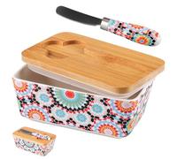 YunBey Boîte à Beurre en Céramique avec Couvercle Bambou et Couteau | Couteau à beurre intégré, lavable au lave-vaisselle, décoratif, idéal pour petits morceaux de beurre ou portions maison.