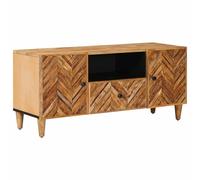 YunCangg Armoire de rangement marron en bois de manguier massif 105 x 33,5 x 46 cm avec boutons en laiton, 2 portes, tiroir, rangement multimédia pour salon, meuble TV, rack hi-fi, meuble bas, buffet