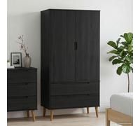 YunCangg Armoire MOLDE noire 90 x 55 x 175 cm en pin massif avec espace suspendu, deux tiroirs, pieds coniques stables, poignées encastrées