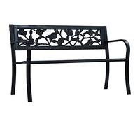 YunCangg Banc de jardin 125 cm en acier noir avec dossier en plastique - Banc en métal résistant aux intempéries pour terrasse, balcon, jardin avant, siège d'extérieur avec accoudoirs et motif rose