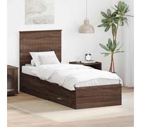 YunCangg Cadre de lit en bois dérivé de chêne marron avec poignée en métal argenté 70 x 190 cm, lit simple avec espace de rangement, tête de lit et sommier à lattes, lit plate-forme moderne pour