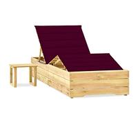 YunCangg Chaise longue de jardin en pin imprégné avec dossier réglable et repose-pieds, coussin rouge bordeaux, avec table pratique, résistante aux intempéries, pour balcon, terrasse, piscine