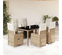 YunCangg Ensemble bistro de jardin 7 pièces avec coussins beige en polyrotin résistant aux intempéries pour terrasse, balcon, avec fauteuils réglables et table en verre, idéal pour salon et salle à