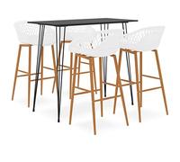 YunCangg Ensemble de bar 5 pièces avec table de bar en MDF et métal, 120 x 60 x 105 cm, 4 tabourets de bar blancs avec siège en polypropylène et pieds en métal aspect bois, ergonomique, peu encombrant