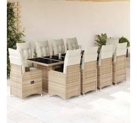 YunCangg Ensemble de bistro de jardin 11 pièces beige avec coussins en rotin synthétique résistant aux intempéries pour extérieur, terrasse, balcon, salle à manger avec fauteuils réglables et table en