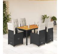 YunCangg Ensemble de bistro de jardin 7 pièces noir avec tressage en polyrotin, 6 fauteuils réglables avec coussins blanc crème, table en bois d'acacia massif, résistant aux intempéries, pour terrasse