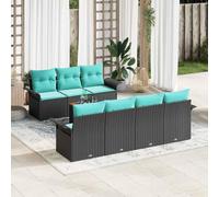 YunCangg Ensemble de canapé de jardin 8 pièces en polyrotin noir turquoise avec bois d'acacia, résistant aux intempéries, salon modulaire pour jardin, terrasse, balcon, avec rembourrage et sac