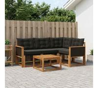 YunCangg Ensemble de canapé d'extérieur 5 pièces avec coussins en bois d'acacia massif et textilène noir et naturel pour jardin, terrasse, balcon, ensemble complet résistant aux intempéries pour