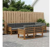 YunCangg Ensemble de canapé d'extérieur 7 pièces en bois d'acacia massif avec coussins naturel et anthracite, salon modulaire pour jardin, terrasse, balcon, ensemble complet confortable pour s'asseoir