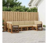 YunCangg Ensemble de canapé d'extérieur 7 pièces en bois d'acacia massif naturel et beige, ensemble modulaire pour jardin, terrasse, balcon, ensemble complet avec coussins pour s'asseoir et manger