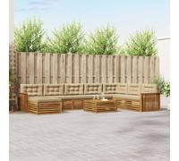 YunCangg Ensemble de canapé d'extérieur 9 pièces en bois d'acacia massif naturel et beige, salon modulaire pour jardin, terrasse, balcon, ensemble complet confortable avec coussins et design à lattes