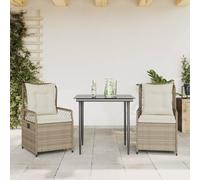 YunCangg Ensemble de meubles de jardin 3 pièces en polyrotin avec coussins, beige, résistant aux intempéries, pour terrasse, balcon, chaises réglables, table avec plateau en verre, salon d'extérieur