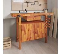 YunCangg Établi en bois d'acacia massif avec tiroir et vis - 124 x 52 x 83 cm - Table de travail stable pour atelier, garage, salle de loisirs, avec rangement d'outils et système de rangement