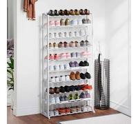 YunCangg Étagère à chaussures 140 cm blanche avec 10 niveaux, entretoises en métal, peu encombrant, pour 40 paires de chaussures, organiseur pour couloir, entrée, empilable et étroit