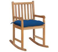 YunCangg Fauteuil à bascule en teck massif avec coussin bleu, résistant aux intempéries, pour jardin, balcon, terrasse, avec dossier et accoudoirs, fauteuil d'extérieur confortable pour se détendre