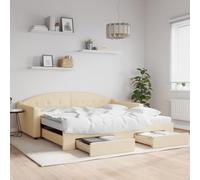 YunCangg Lit de jour extensible avec tiroirs en tissu crème 100 x 200 cm Cadre en métal et structure en bois Lit d'appoint avec espace de rangement et coffre à roulettes pratique pour salon et chambre