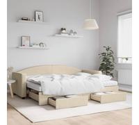 YunCangg Lit de jour, extensible, avec tiroirs, en tissu crème, 80 x 200 cm, avec cadre en métal et matelas en mousse, lit d'appoint pratique, avec espace de rangement et cadre en bois, pour salon