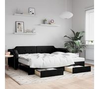 YunCangg Lit de jour extensible avec tiroirs, noir, 100 x 200 cm, cadre en métal, en bois massif, avec espace de rangement et coffre à roulettes, pour salon et chambre à coucher