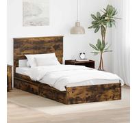YunCangg Lit de rangement, en chêne fumé, 100 x 200 cm, en bois dérivé du bois, coffre moderne, avec sommier à lattes, tête de lit, tiroir, cadre de lit simple pour chambre à coucher, solution de lit