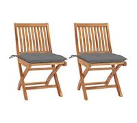 YunCangg Lot de 2 chaises de jardin en teck massif avec coussins gris, pliables, résistantes aux intempéries, chaises de balcon et de terrasse avec dossier et accoudoirs pour camping et bistrot