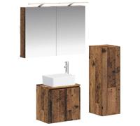 YunCangg Lot de 4 meubles de salle de bain en bois ancien ingénierie et verre avec éclairage LED, installation de porte réversible, beaucoup d'espace de rangement, alimentation USB, montage mural pour