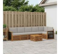YunCangg Lot de 6 canapés d'angle avec coussins en bois d'acacia massif naturel gris clair avec design à lattes pour jardin, terrasse, balcon, salon modulaire pour une assise détendue et une réunion
