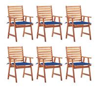 YunCangg Lot de 6 chaises de salle à manger de jardin en bois d'acacia massif avec coussins bleu roi, résistantes aux intempéries, empilables, avec accoudoirs et design à lattes pour balcon, terrasse