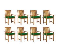 YunCangg Lot de 8 chaises de jardin en bois d'acacia massif avec coussin vert - Résistantes aux intempéries - Empilables - Avec dossier et accoudoirs - Pour balcon et jardin - Assise relaxante
