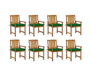 YunCangg Lot de 8 chaises de jardin en bois d'acacia massif avec coussin vert - Résistantes aux intempéries - Empilables - Avec dossier et accoudoirs - Pour balcon et jardin - Assise relaxante
