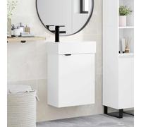 YunCangg Meuble de salle de bain blanc avec lavabo et mitigeur noir, bois et céramique, 45,5 x 22,5 x 84 cm, espace de rangement, porte réversible, étagère, ensemble de meubles de salle de bain