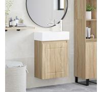 YunCangg Meuble de salle de bain en chêne Sonoma avec lavabo en céramique et robinet mélangeur, armoire de rangement avec porte réversible, meuble de salle de bain pour invités WC et salle de bain