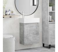 YunCangg Meuble de salle de bain gris béton avec lavabo en céramique et robinet mélangeur, armoire de salle de bain en bois avec espace de rangement, porte réversible, montage mural, design moderne