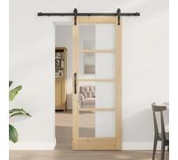 YunCangg ORKDAL Porte coulissante en bois de pin naturel et verre, 73,5 x 198,5 cm, glisse silencieuse, avec rail, butoir de porte et accessoires de montage pour couloir et intérieur