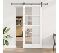 YunCangg Porte coulissante blanche en bois massif de pin et verre 93 x 211 cm pour intérieur, glisse silencieuse, avec rail, roulettes et butoir, peu encombrant, pour salon et chambre à coucher
