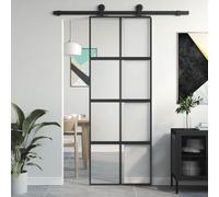 YunCangg Porte coulissante noire 76 x 205 cm en verre trempé et aluminium, panneau de porte avec finition transparente givrée, butoir silencieux, intérieur moderne pour couloir, cave, rénovation
