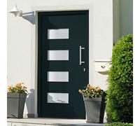 YunCangg Porte d'entrée anthracite en aluminium et PVC 110 x 210 cm avec cadre de porte, seuil, serrure à 5 compartiments, vitrage isolant, joint, protection thermique et protection anti-effraction