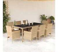 YunCangg Salon de jardin 9 pièces avec coussins en rotin synthétique pour terrasse, balcon, salle à manger avec table en verre, résistant aux intempéries, pour véranda, cour et jardin d'hiver