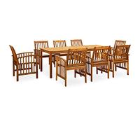 YunCangg Salon de jardin 9 pièces en bois d'acacia massif avec coussins, table de 215 x 90 x 74 cm, 8 chaises avec sommier à lattes, résistant aux intempéries, pour terrasse, balcon, véranda, salon