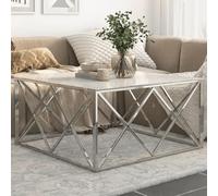 YunCangg Table basse argentée en acier inoxydable avec verre trempé aspect marbre blanc, 100 x 100 x 50 cm, table d'appoint avec étagère et design solide pour canapé, salon, bureau