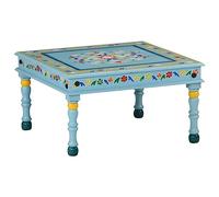 YunCangg Table basse turquoise peinte à la main en bois de manguier massif avec tiroir et étagère - 54 x 54 x 30 cm - Table d'appoint de salon avec espace de rangement - Table décorative robuste pour