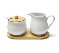 Yunlaishaocer Ensemble de lait et de sucre en céramique avec couvercle, pot à lait et sucrier sur plateau en bois - Service à café élégant, passe au micro-ondes et au lave-vaisselle (blanc)