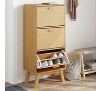 Yunovire Armoire à chaussures Olden marron en pin massif 55 x 35 x 120 cm avec 3 rabats, pieds en bois, peu encombrant et stable pour couloir, couloir, étagère à chaussures étroite avec beaucoup