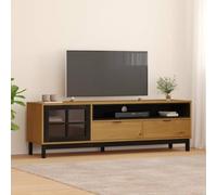 Yunovire FLAM Meuble TV 158 x 40 x 50 cm en pin massif aspect chêne avec porte en verre, tiroirs, compartiment ouvert, meuble multimédia moderne pour salon et chambre à coucher