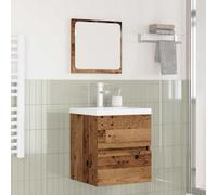 Yunovire Lot de 2 meubles de salle de bain - En bois vieilli - Blanc - Meuble sous lavabo avec tiroir et miroir plat - Montage mural pour salle de bain - WC - Rangement et rangement